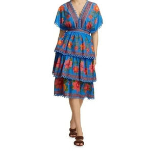 NWT Farm Rio Tropical Tapestry Blue Lace Layered Midi Summer Dress Size XS
